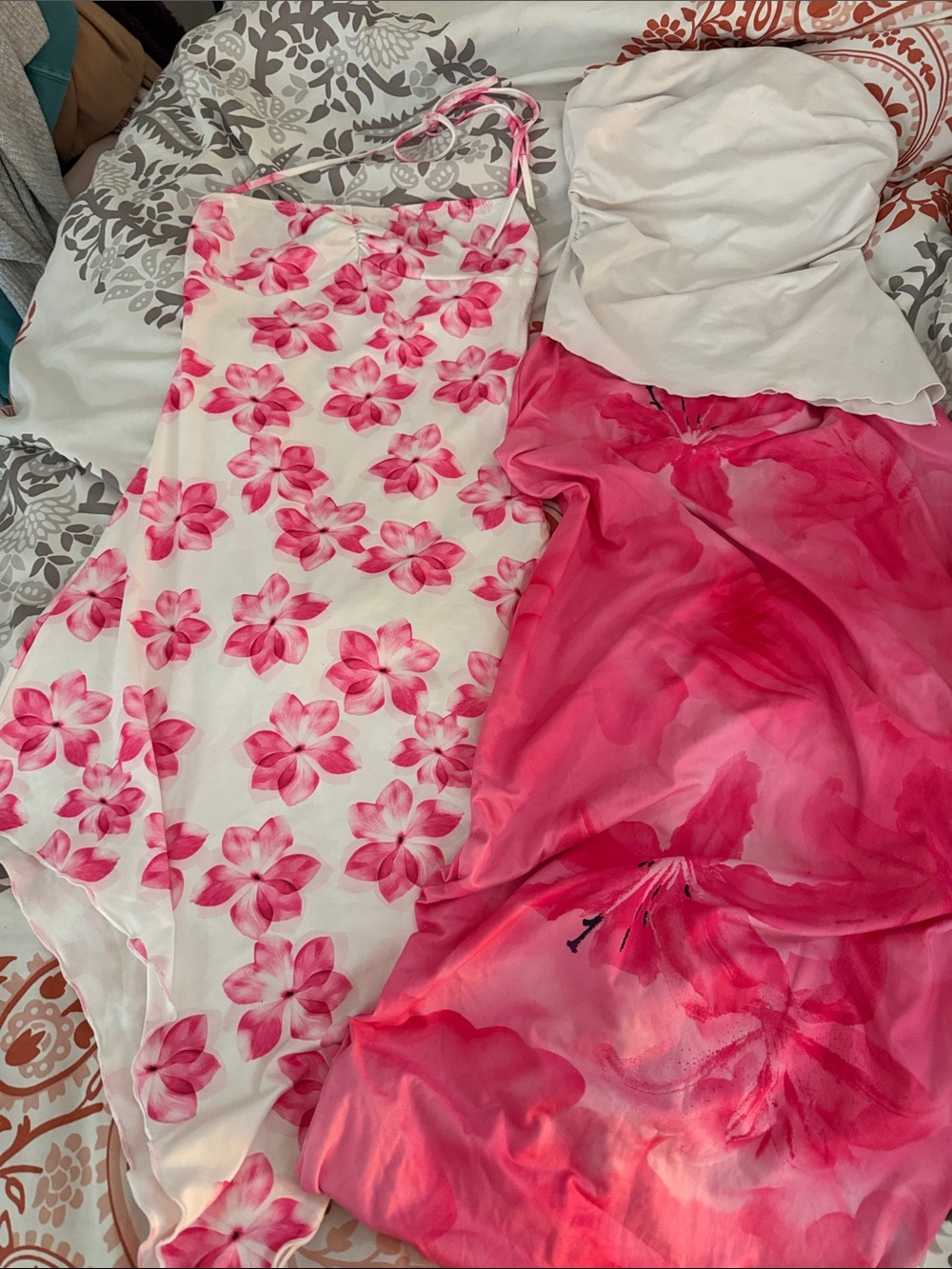 SHEIN White & Hot Pink Floral Asymmetrical Slip Dress